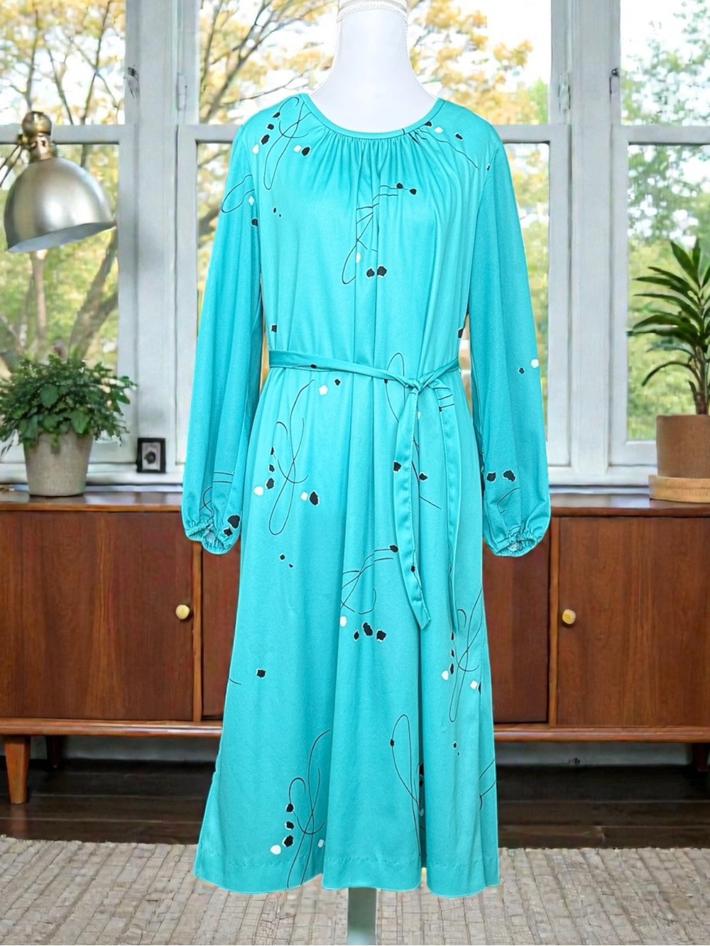 Vintage Dress Turquoise Abstract Print Midi Length L Large XL 16 1/2
